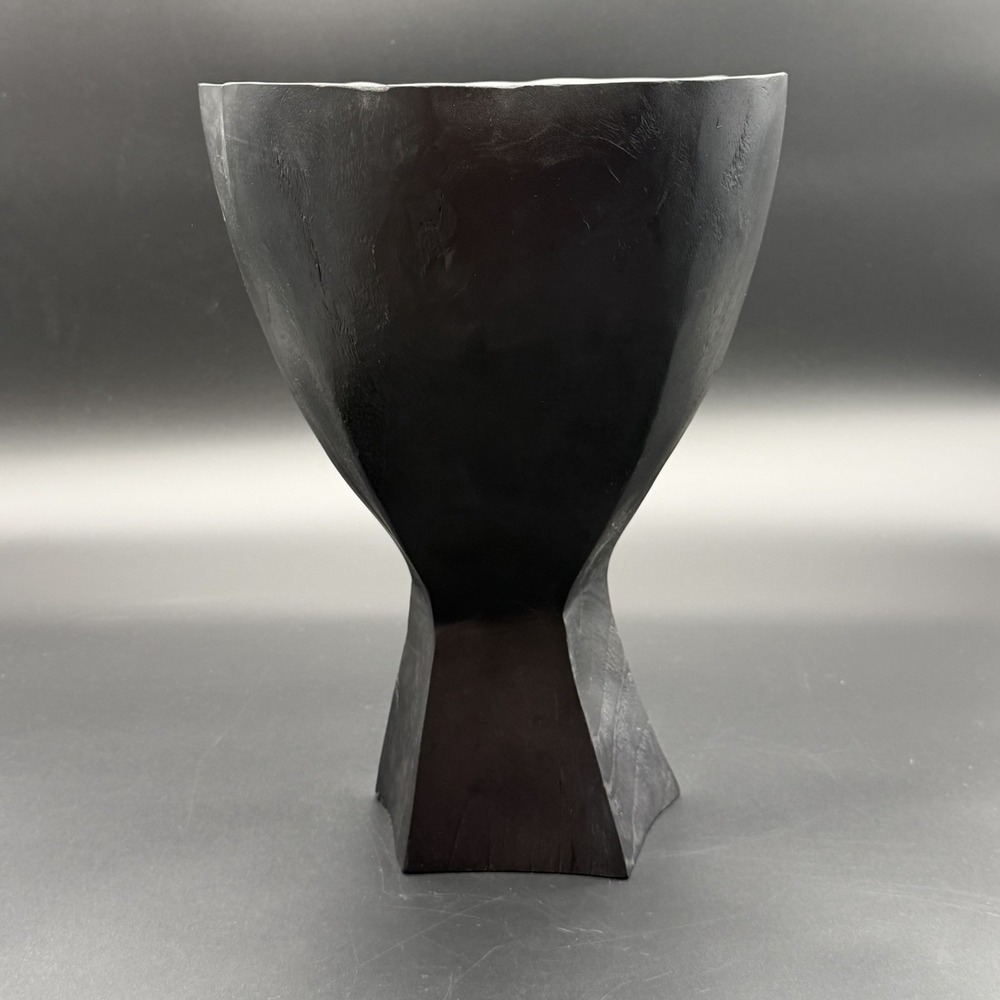 CB2 Odin Black Teak Wood Vase Abstract Hand Carved Sculptural Geometric